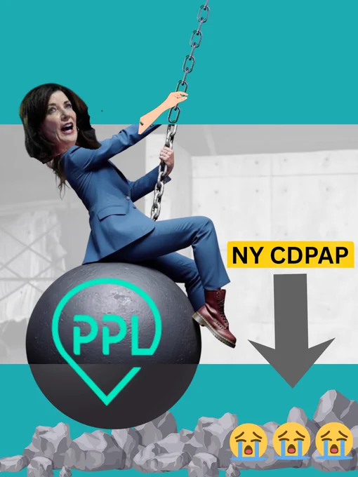 Meme of Kathy Hochul in a pantsuit sitting on a swinging wrecking bal. It’s hitting a pile of rubble with crying emojis on it with an arrow pointing to it saying NY CDPAP