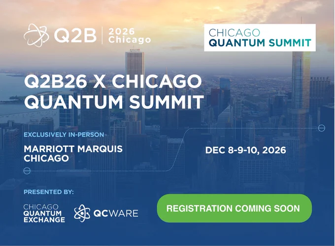 Q2B26 Chicago Quantum Summit advertisement with Chicago skyline backdrop.