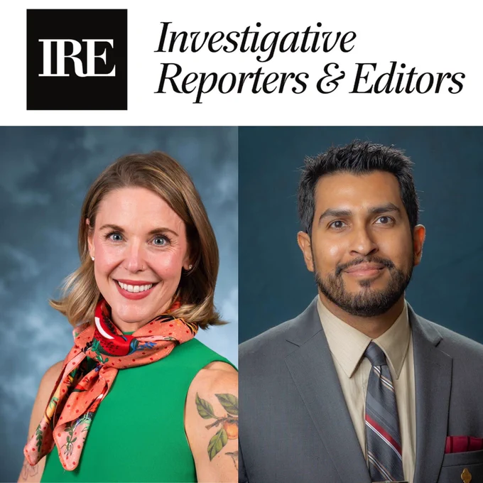 "Composite image featuring two individuals with the logo of Investigative Reporters & Editors (IRE) above them. The person on the left is wearing a green top and a floral scarf, while the person on the right is in a suit with a striped tie. Both are photographed against a blue background."