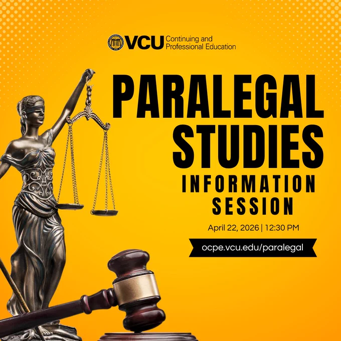 Image of scales of justice with text that says paralegal studies information session Aprill 22, 2026 12:30 p.m.