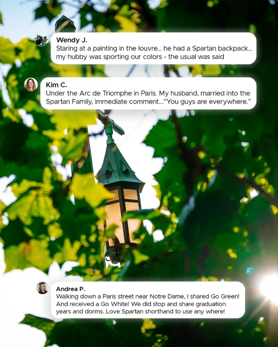 Image shows 3 social media posts overlaid on a close-up shot of a light post, with tree leaves and a sun flare visible. Posts by Wendy J., Kim C., and Andrea P. describe encounters in Paris.
