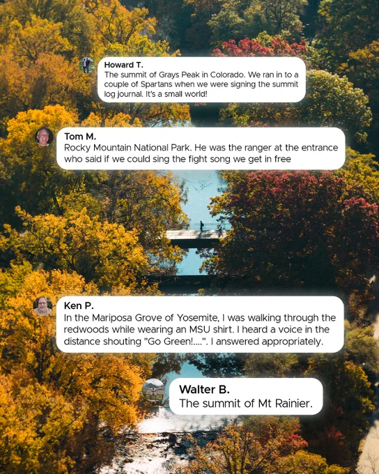 Overhead shot of fall foliage, interspersed with speech bubbles containing travel anecdotes. Howard T. at Grays Peak, Tom M. in Rocky Mountain National Park, Ken P. in Yosemite, and Walter B. at Mt Rainier.