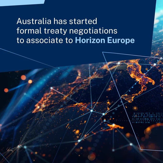 Graphic with the text \u2018Australia has started formal treaty negotiations to associate to Horizon Europe\u2019 over a stylised view of Earth at night, showing Europe illuminated and connected by glowing data points and lines to represent international research collaboration.