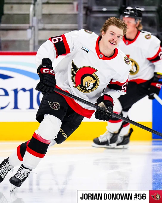 Jorian Donovan on ice for warmups in a Senators uniform. 