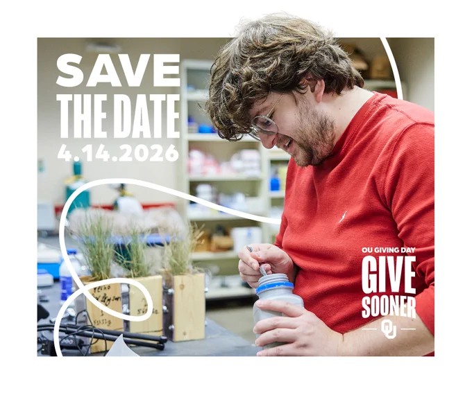 A person wearing glasses and a red sweater works in a room filled with shelves and containers. They are focused on a small jar with a lid. In the background, two small planters are visible. Text on the image reads: "Save the Date 4.14.2026. OU Giving Day. Give Sooner.