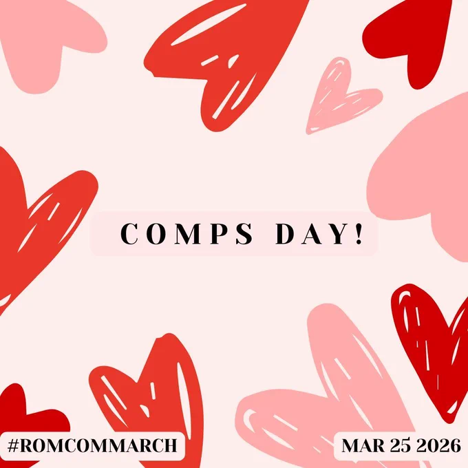 "Comps Day!" in black uppercase letters. The background is pale pink with red and pink scribbled hearts.