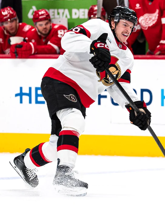Photo of Jorian Donovan on ice in a Senators uniform