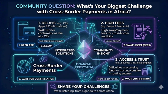 n Uganda, making cross-border payments can be frustrating. Common challenges include delays, high fees, and trust issues. This graphic illustrates the typical workflow, from opening an app on a CEX to swapping assets, and accessing funds. To address these issues, blockchain-powered systems like Ethereum-based tokens offer integrated payments and community discussion, promoting financial resilience and a unified conversation.