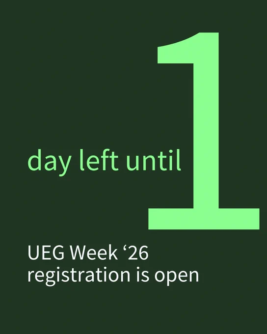 Ein schwarzer Hintergrund mit einem grünen Balken und der Aufschrift "1 day left until UEG Week '26 registration is open".