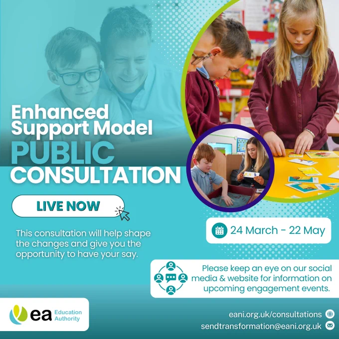 Images of children learning with a teacher, emphasizing the live public consultation period for educational support changes.