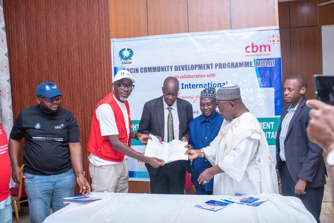 Mr. Samuel Omoi, Country Director of CBM Nigeria, during the handover of eye care equipment in Maiduguri, Borno State.
