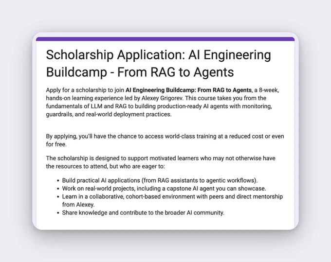 Scholarship application details for an 8-week AI Engineering Buildcamp focusing on hands-on learning and practical AI projects.