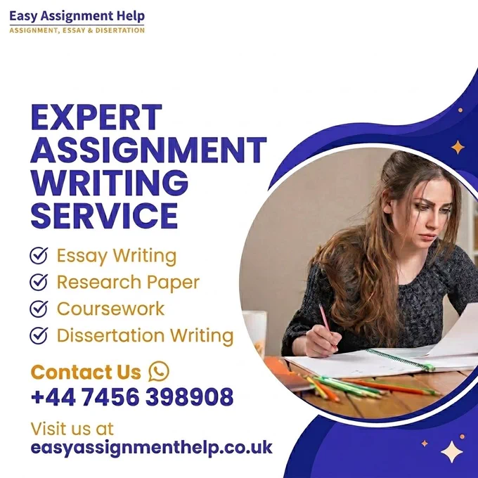 Promotional graphic for 'Easy Assignment Help' in royal blue and gold. The logo is in the top left. Text lists services: Essay Writing, Research Paper, Coursework, and Dissertation Writing. A circular image shows a focused female student studying. Includes contact number  44 7456 398908 and website easyassignmenthelp.co.uk.