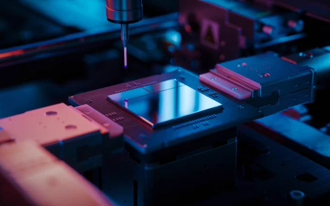 Close-up microchip on conveyor line during production and packaging process.
