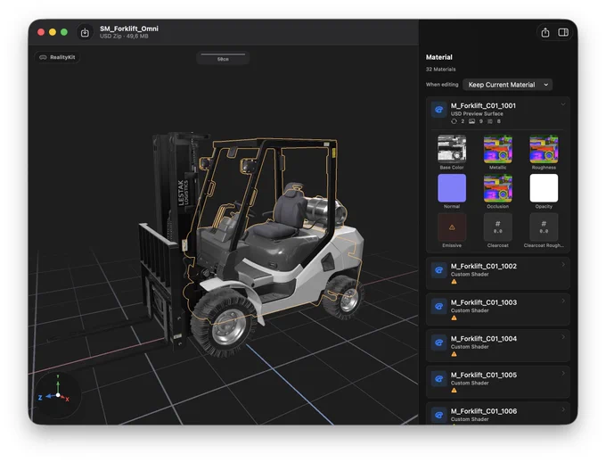 A macOS application window showing Preflight, a USD file inspector, displaying a 3D forklift model in the RealityKit viewport with orange selection outlines. The left side shows the 3D model "SM_Forklift_Omni" (49.6 MB USD Zip) on a grid. The right panel displays the Material inspector with 32 materials, featuring "M_Forklift_C01_1001" expanded to show USD Preview Surface textures including Base Color, Metallic, Roughness, Normal, Occlusion, Opacity, Emissive, and Clearcoat maps. Several materials show warning indicators for Custom Shader compatibility issues. The interface uses a dark theme with standard macOS window controls.