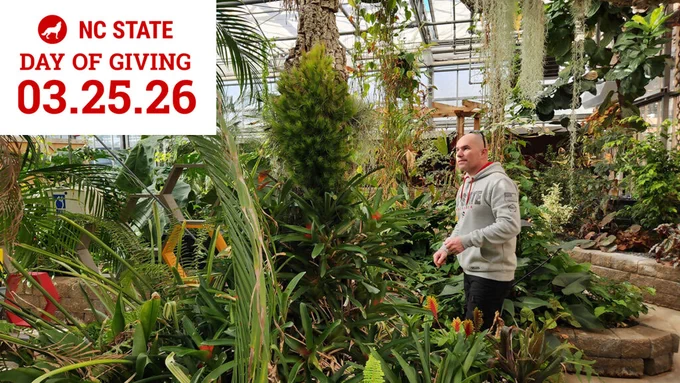 NC State Day of Giving 03.25.26. A man in a greenhouse looking at aerid plants.