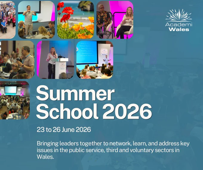 Collage showing speakers, attendees, and nature scenes promoting Academi Wales Summer School 2026 event in June.