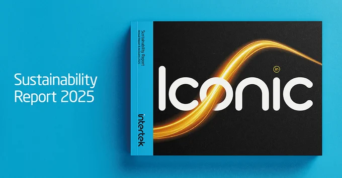 Cover of Intertek's "Iconic" Sustainability Report 2025 on a bright blue background, featuring a modern design with a glowing orange swirl.
