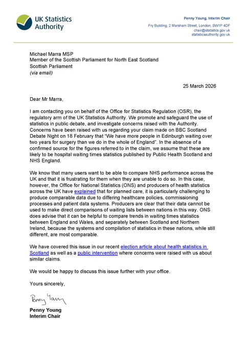 Penny Young's letter to Michael Marra MSP about waiting times in England and Scotland. The full letter is available in HTML through the link in the post.