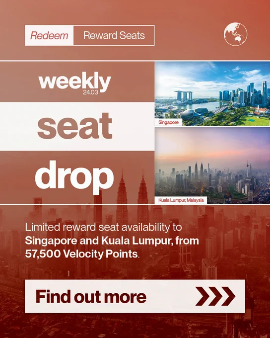 Promotional flyer showcasing images of Singapore's skyline and Kuala Lumpur, Malaysia. It announces a "weekly seat drop" offering limited reward seat availability to these destinations, starting from 57,500 Velocity Points. Includes a "Find out more" button at the bottom.