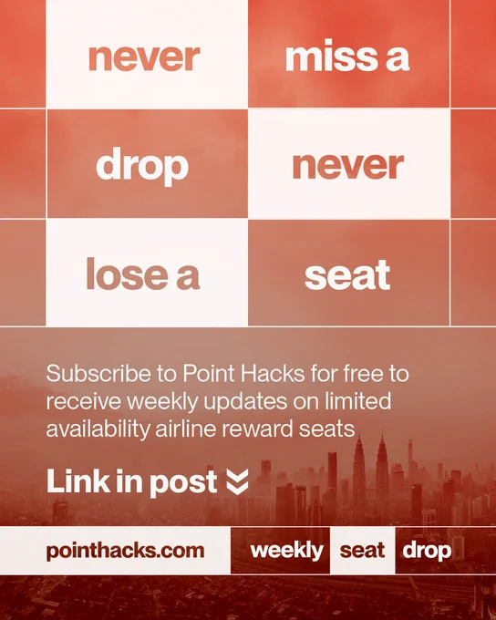Red and white grid with alternating text: "never miss a drop" and "never lose a seat." Below, it reads, "Subscribe to Point Hacks for free to receive weekly updates on limited availability airline reward seats." The text "Link in post" includes a downward arrow. A city skyline is visible at the bottom.