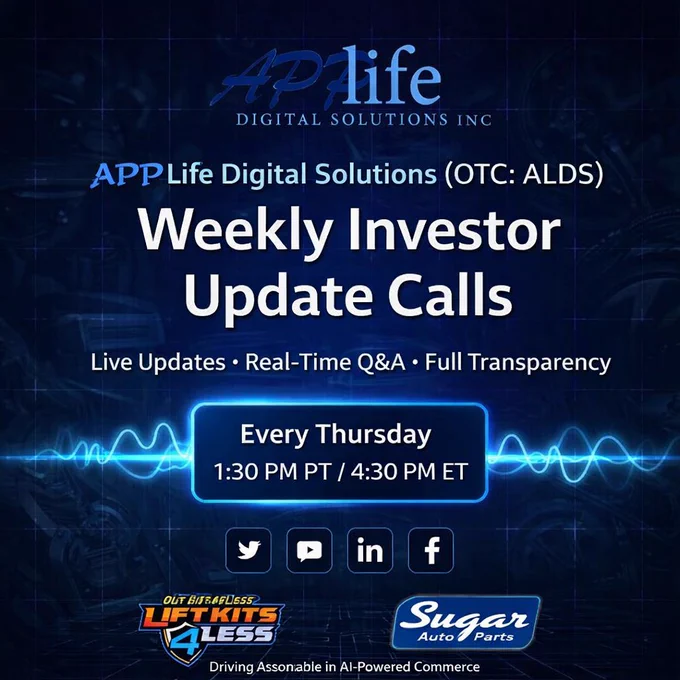 $ALDS - APPlife Digital Solutions (OTC: ALDS) will host weekly live investor calls to enhance transparency and shareholder engagement. Led by its spokesperson, sessions include company updates, strategy insights, and interactive Q&A via major streaming platforms. The initiative supports open communication while showcasing progress in AI-driven commerce and automotive marketplace innovations.