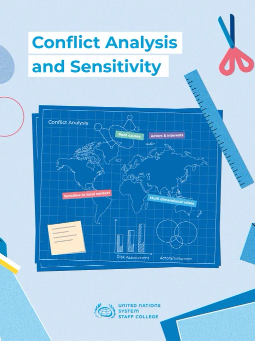 Blueprint-style world map highlighting conflict analysis elements like root causes, actors, and local context sensitivity.