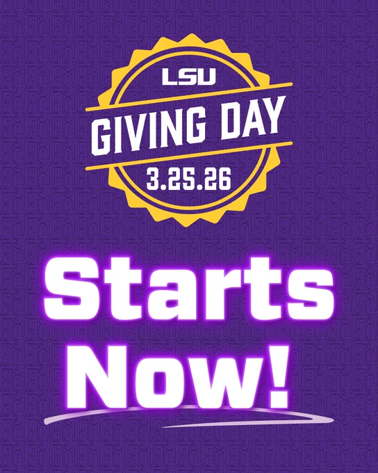 A purple background with a decorative badge displaying "LSU Giving Day 3.25.26" in yellow and white text. Below the badge, bold white and pink text reads "Starts Now!".