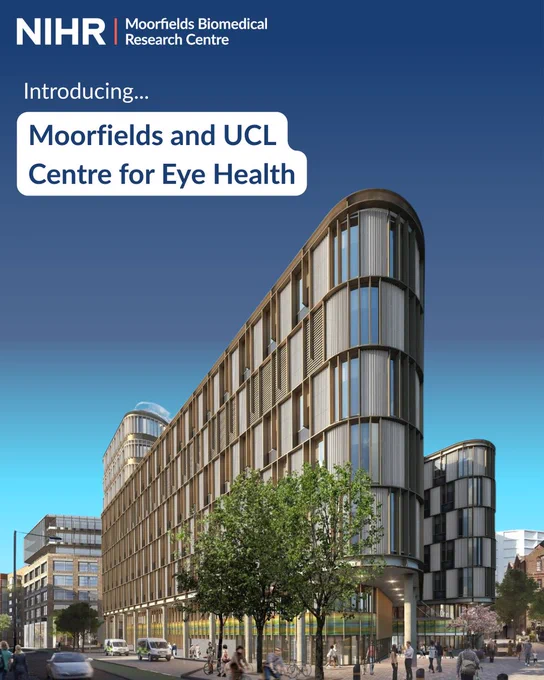 A virtual rendering of a modern building with curved architecture and long glass panels, lit from within and set in an urban street against a blue background. Overlaid text reads Introducing Moorfields & UCL Centre for Eye Health, with NIHR Moorfields Biomedical Research Centre logo in the top left corner.