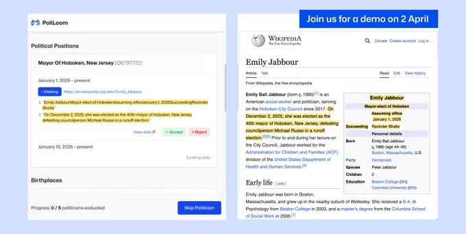 Screenshot of PoliLoom. Panel on the left showing the extracted data on a politician, and on the right, the Wikipedia entry the data has been sourced from. 
