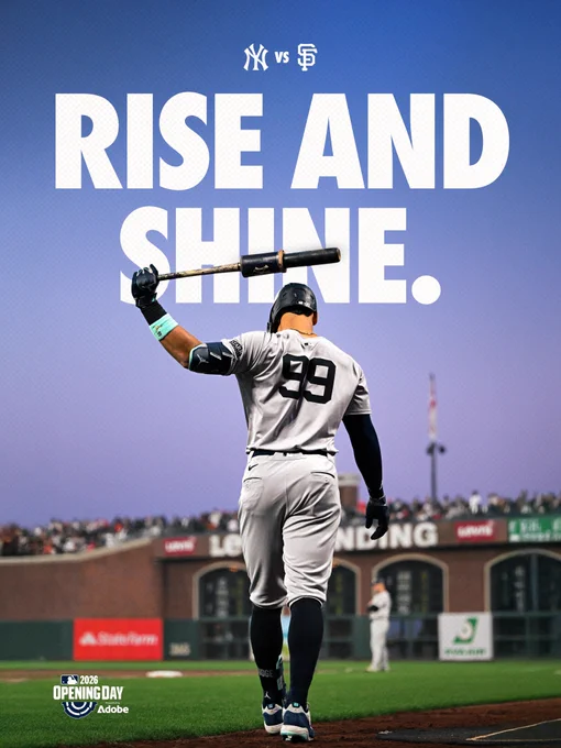 Aaron Judge on deck at Oracle Park: 

Yankes vs Giants
Rise & Shine. 

Opening Day 2026 Presented by Adobe. 
