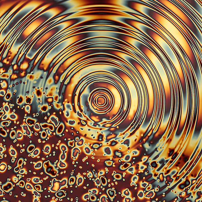 Algorithmic art of rings gently decaying into little floating noise clusters, in brown and gold