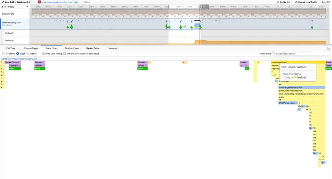 Datastar, stacked flame chart, after clicking one checkbox, from event to final paint, about 140ms. 