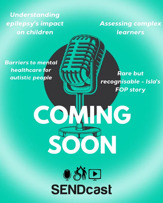 Vintage microphone graphic with topics on epilepsy, mental health, complex learners, and rare diseases, announcing SENDcast coming soon.
