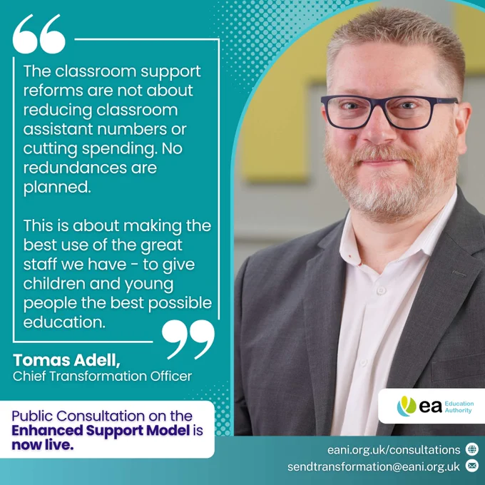 Quote from Tomas Adell emphasizing classroom support reforms focus on optimizing staff use, not cutting assistants or spending.