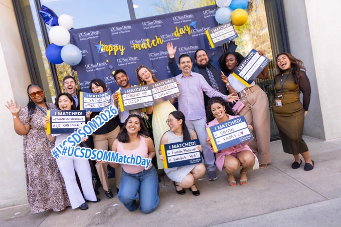 Image descriptions: MS4s hold match signs with their specialties in residencies written on them while embracing family members, cheering with excitement, and smiling.
