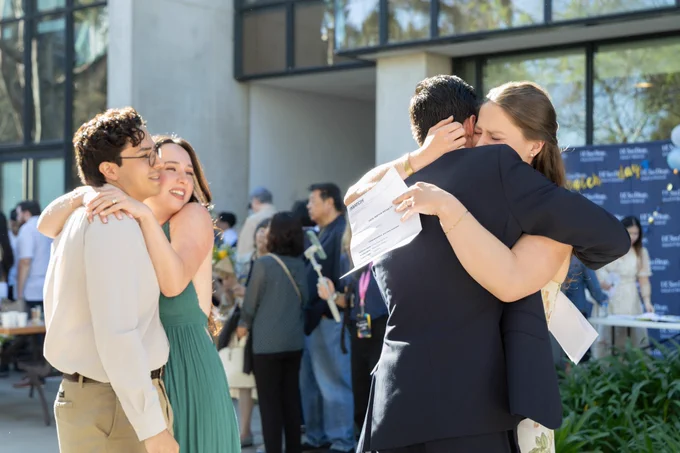 Image descriptions: MS4s hold match signs with their specialties in residencies written on them while embracing family members, cheering with excitement, and smiling.