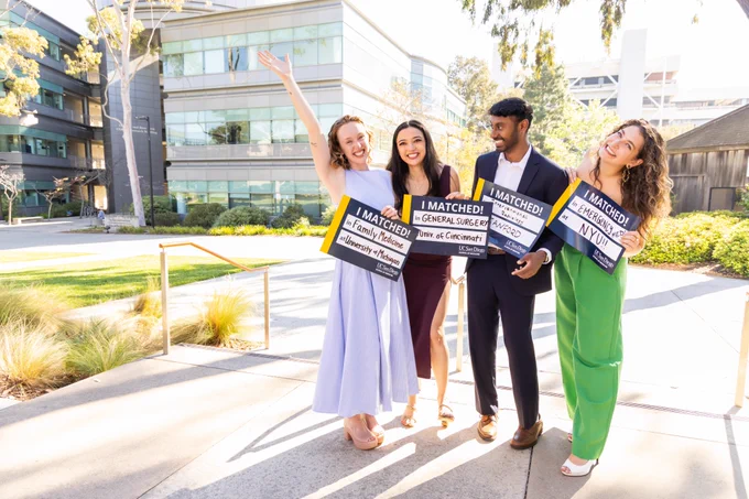 Image descriptions: MS4s hold match signs with their specialties in residencies written on them while embracing family members, cheering with excitement, and smiling.
