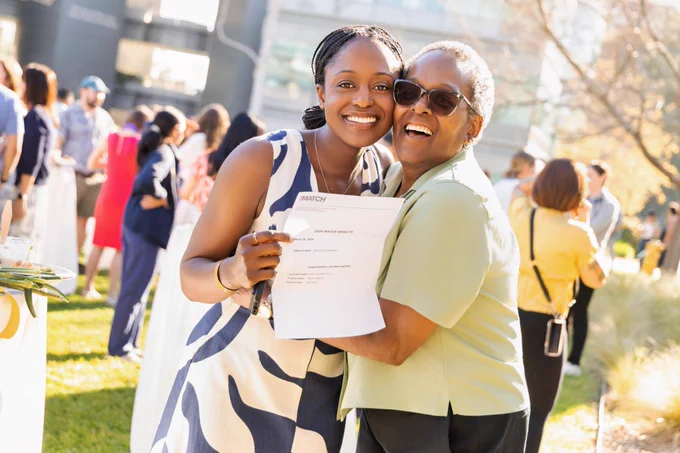 Image descriptions: MS4s hold match signs with their specialties in residencies written on them while embracing family members, cheering with excitement, and smiling.