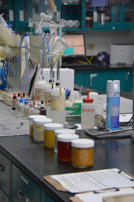 A photo with samples of all products and co-products produced at Lincolnway Energy's plant, taken in the facility's lab.