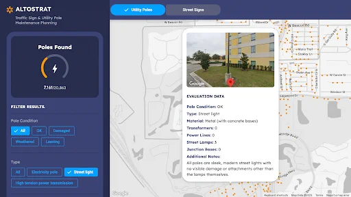 A maintenance planning dashboard displays a map of utility poles with a pop-up window showing evaluation data for a selected streetlight, such as "Pole Condition: OK" and a street-view photo.