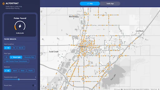 A dashboard displays a map of Brighton with orange dots representing pole locations.