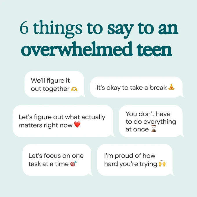 Image with text offering supportive messages for overwhelmed teens. The tips include: "We’ll figure it out together," "It's okay to take a break," "Let's figure out what actually matters right now," "You don't have to do everything at once," "Let’s focus on one task at a time," and "I'm proud of how hard you're trying." Each message is accompanied by encouraging emojis.