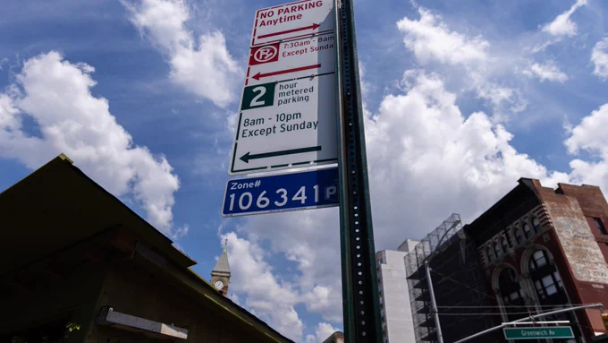 A street sign in Greenwich Village, New York City, shows parking rules including no parking anytime and two-hour metered parking from 8 a.m. to 10 p.m., except Sundays. Surrounding buildings and a partly cloudy sky are visible.