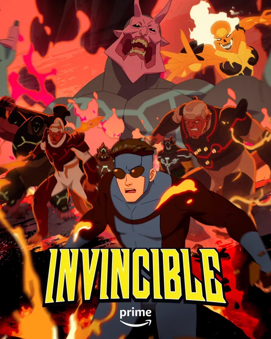 New poster for Invincible Season 4, Episode 4. Invincible is in the foreground with his black and blue suit. In the background are other creatures from Hell, including Damien Darkblood.