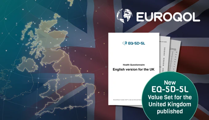 A digital illustration shows a map of the United Kingdom alongside a partially visible EQ-5D-5L Health Questionnaire document for the UK. The background features the Union Jack flag and a globe icon next to the text "EuroQol". A green circle highlights the publication of a new EQ-5D-5L value set for the United Kingdom.