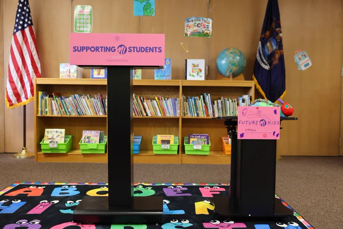Two podiums decorated with Future MI Kids.
