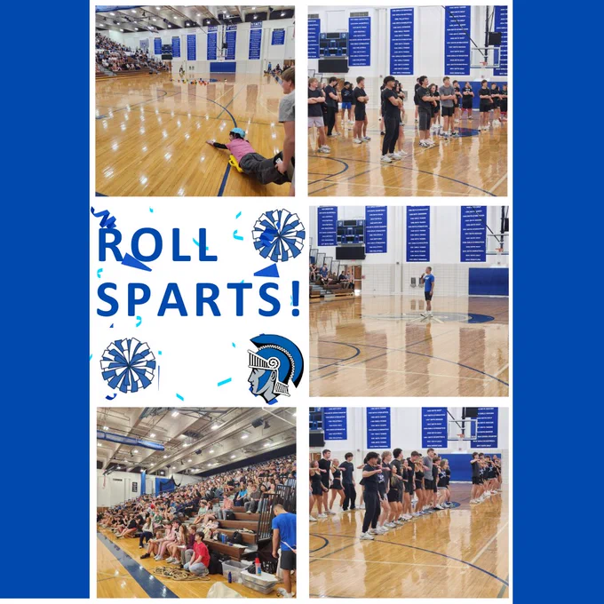 Collage of photos showing students at pep rally. Text on the image reads "Roll Sparts!"