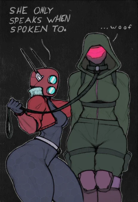 "SHE ONLY SPEAKS WHEN SPOKEN TO."
"...woof."
Huntress and Railgunner posing together, Huntress' pose is dynamic and elegant while Railgunner is stood straight and facing the camera directly. Railgunner is wearing a leash, which is held by Huntress.
Risk of Rain 2 lesbian content.