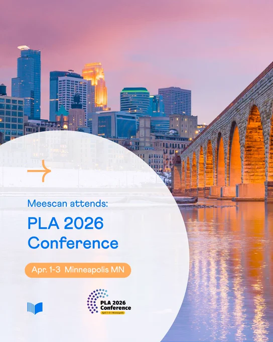Promotional graphic for Meescan announcing attendance at the PLA 2026 Conference, featuring the skyline of Minneapolis at sunset with a lit stone arch bridge reflected in the river. Overlaid text reads: “Meescan attends: PLA 2026 Conference” and “Apr. 1–3 Minneapolis MN,” alongside the PLA 2026 logo.